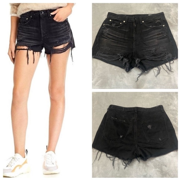 Rag & Bone cutoff denim jean short in raven hole black distressed 21815 - Picture 1 of 10